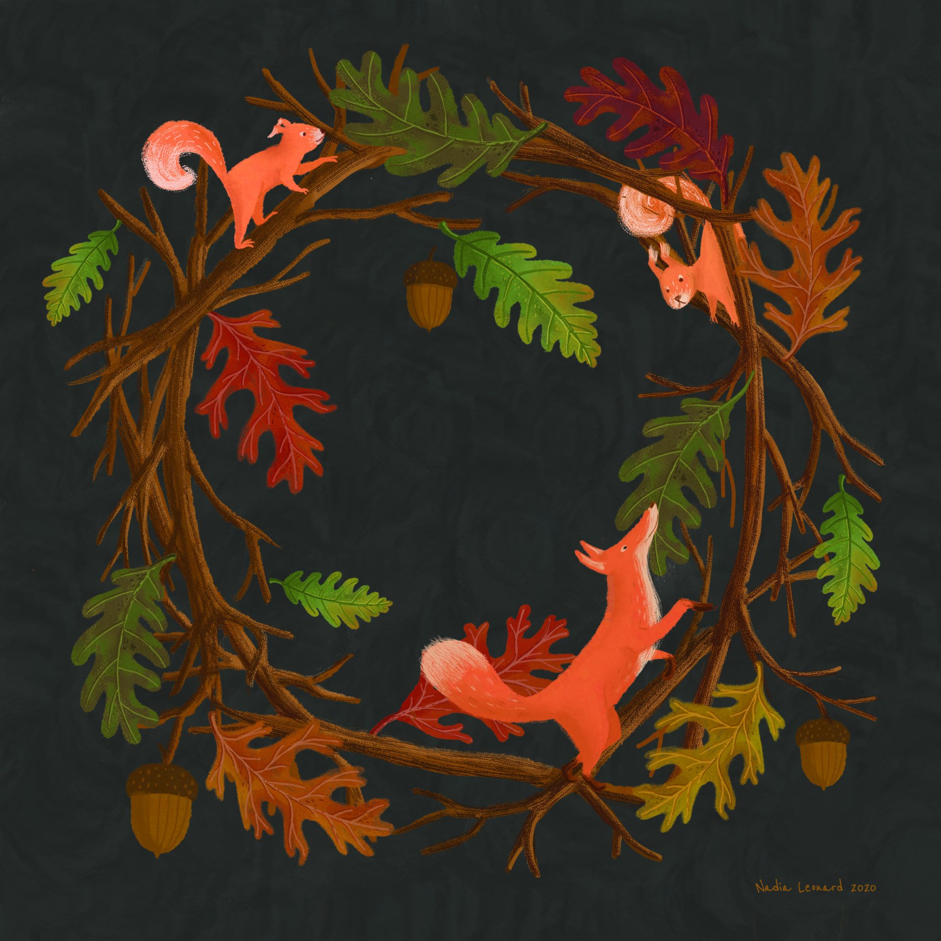 illustration d'automne avec renard et écureuils